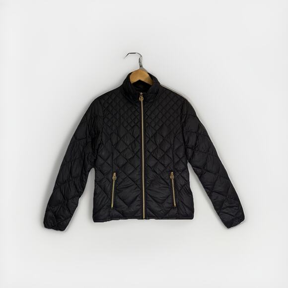 Michael Kors Packable Down Fill Jacket Women’s S Black Gold Zip Quilted Puffer - Picture 1 of 13
